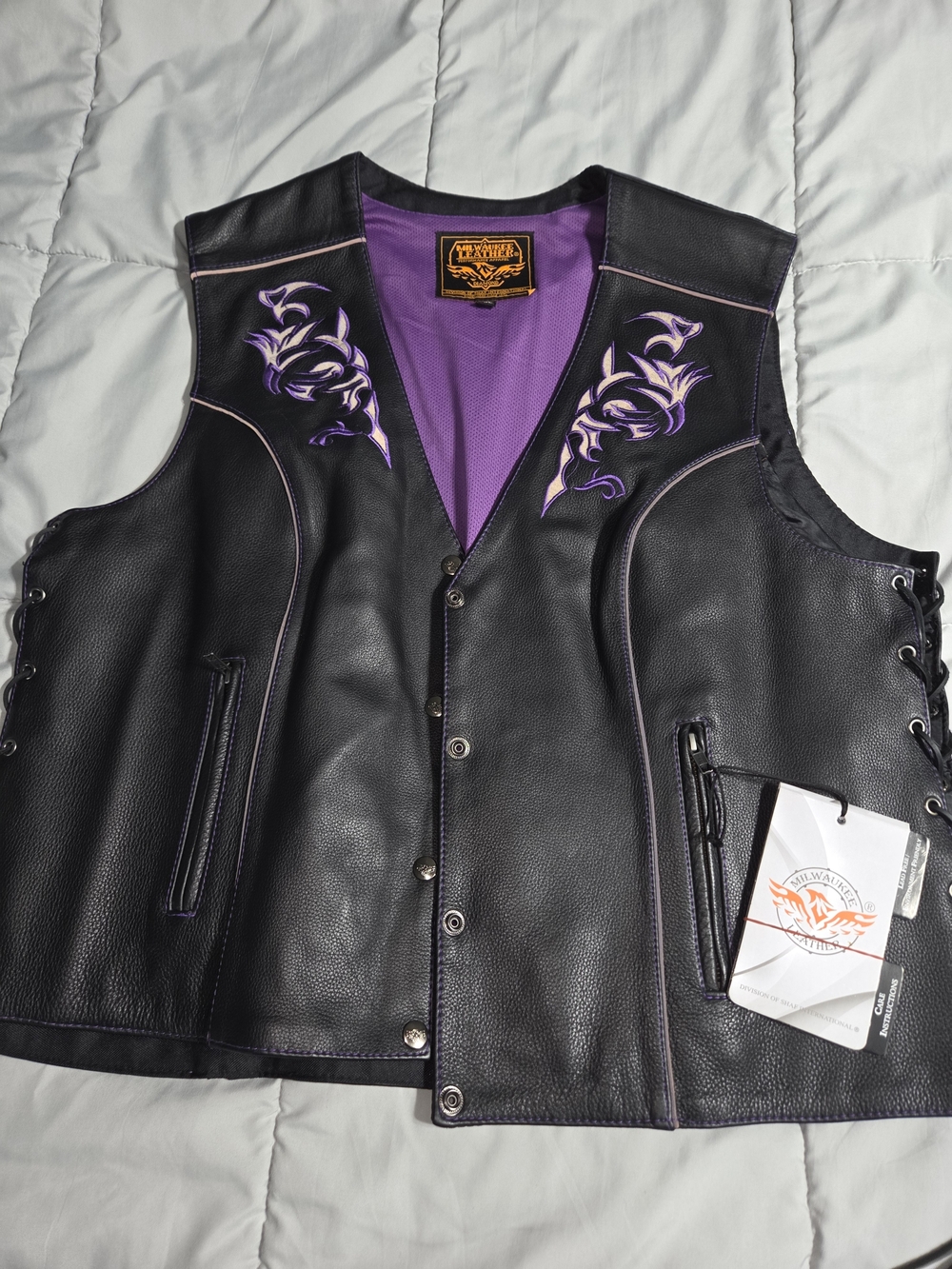 Milwaukee Leather Black Leather Vest with Purple Lining and Embroidered Accents